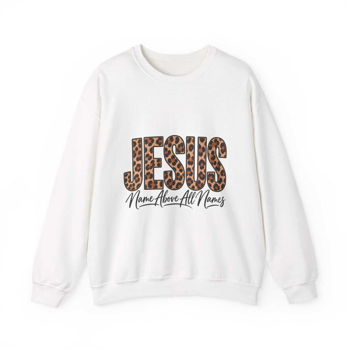 Jesus Leopard Print Crewneck Sweatshirt – "Name Above All Names" Christian Pullover