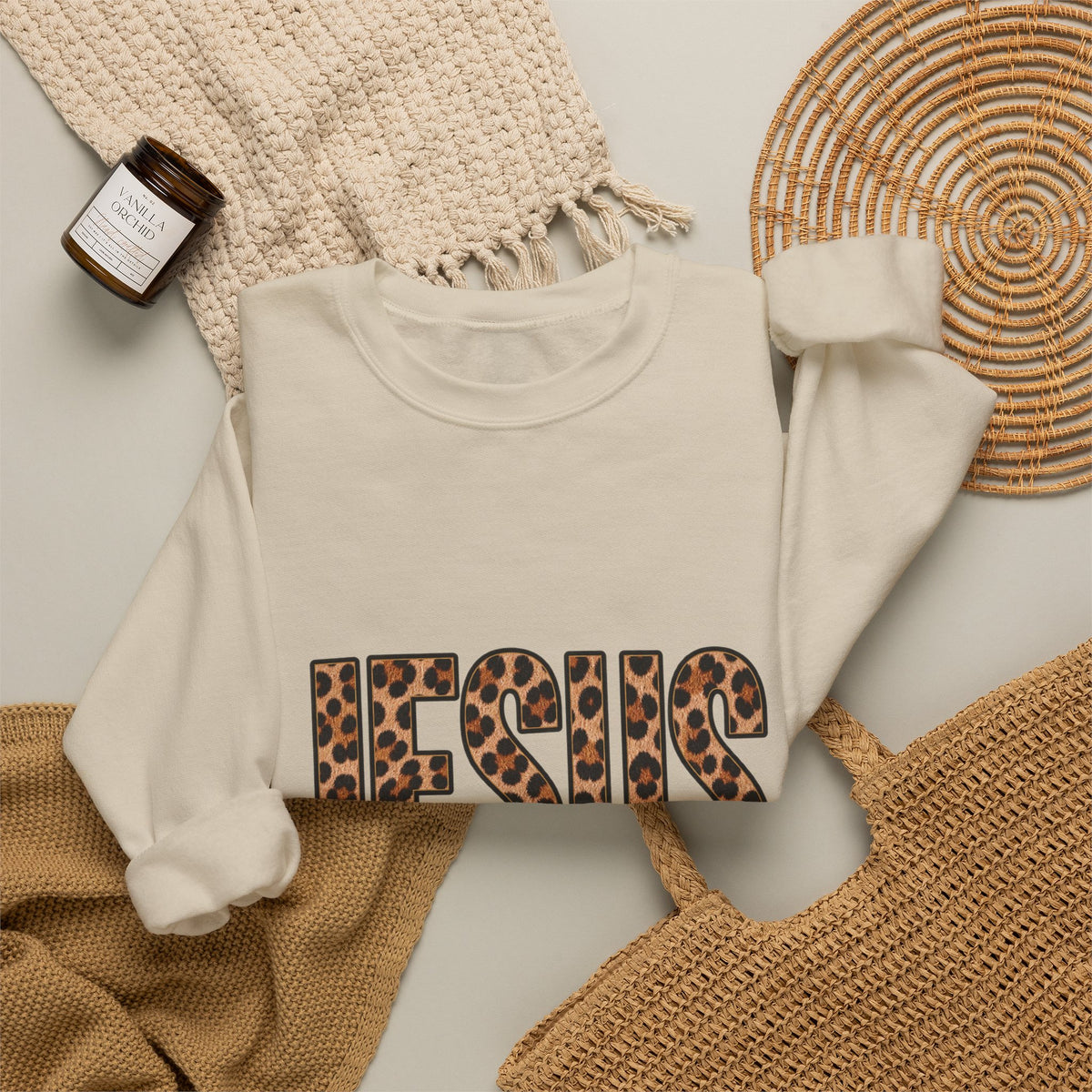 Jesus Leopard Print Crewneck Sweatshirt – "Name Above All Names" Christian Pullover
