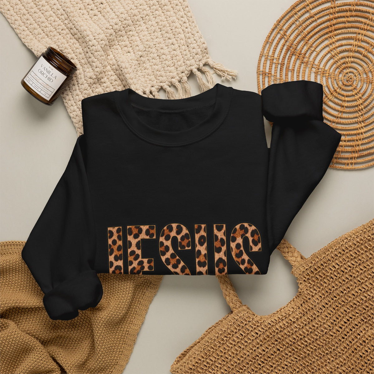Jesus Leopard Print Crewneck Sweatshirt – "Name Above All Names" Christian Pullover