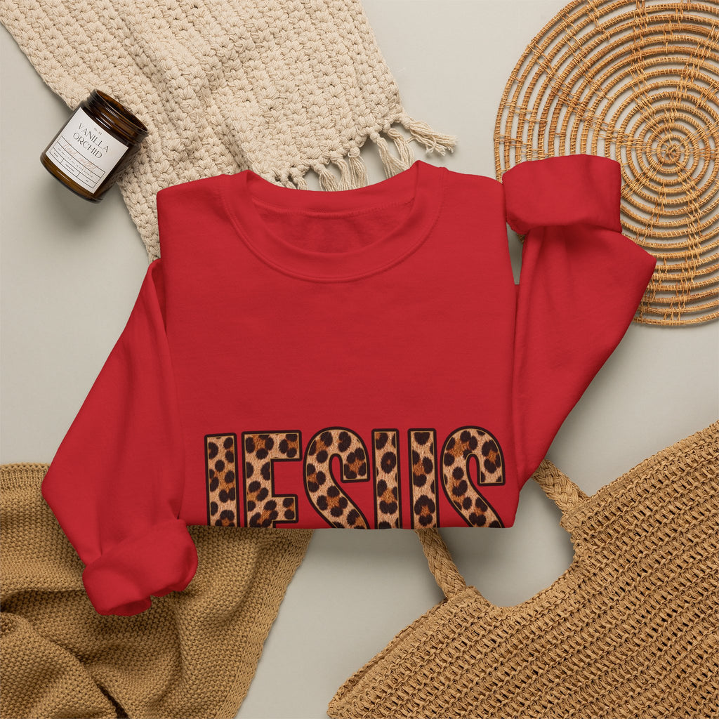 Jesus Leopard Print Crewneck Sweatshirt – "Name Above All Names" Christian Pullover