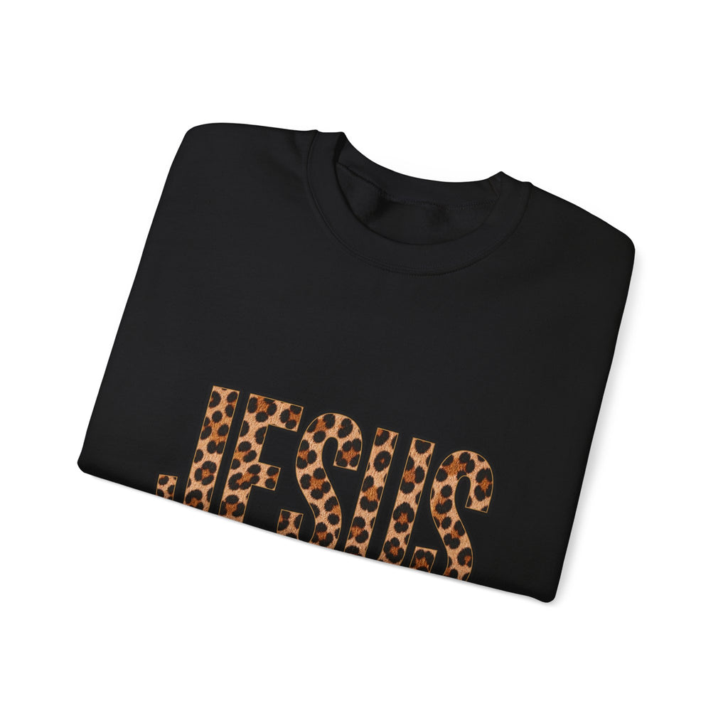 Jesus Leopard Print Crewneck Sweatshirt – "Name Above All Names" Christian Pullover