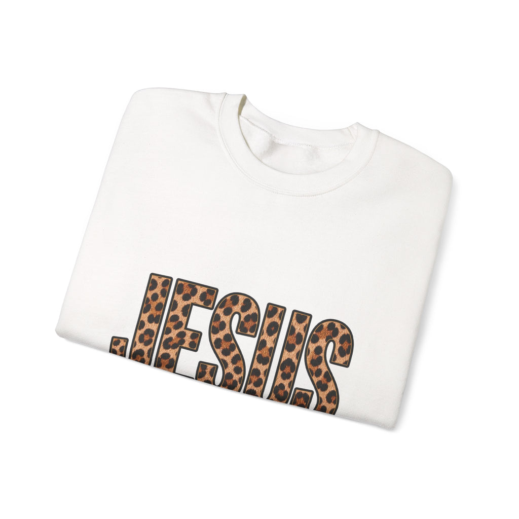 Jesus Leopard Print Crewneck Sweatshirt – "Name Above All Names" Christian Pullover