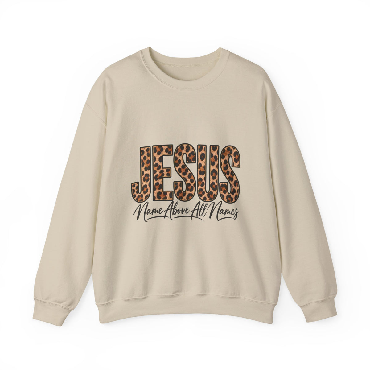 Jesus Leopard Print Crewneck Sweatshirt – "Name Above All Names" Christian Pullover