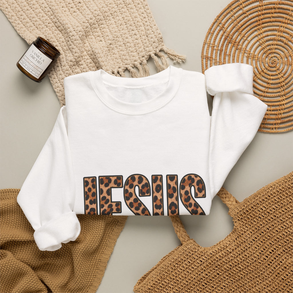 Jesus Leopard Print Crewneck Sweatshirt – "Name Above All Names" Christian Pullover