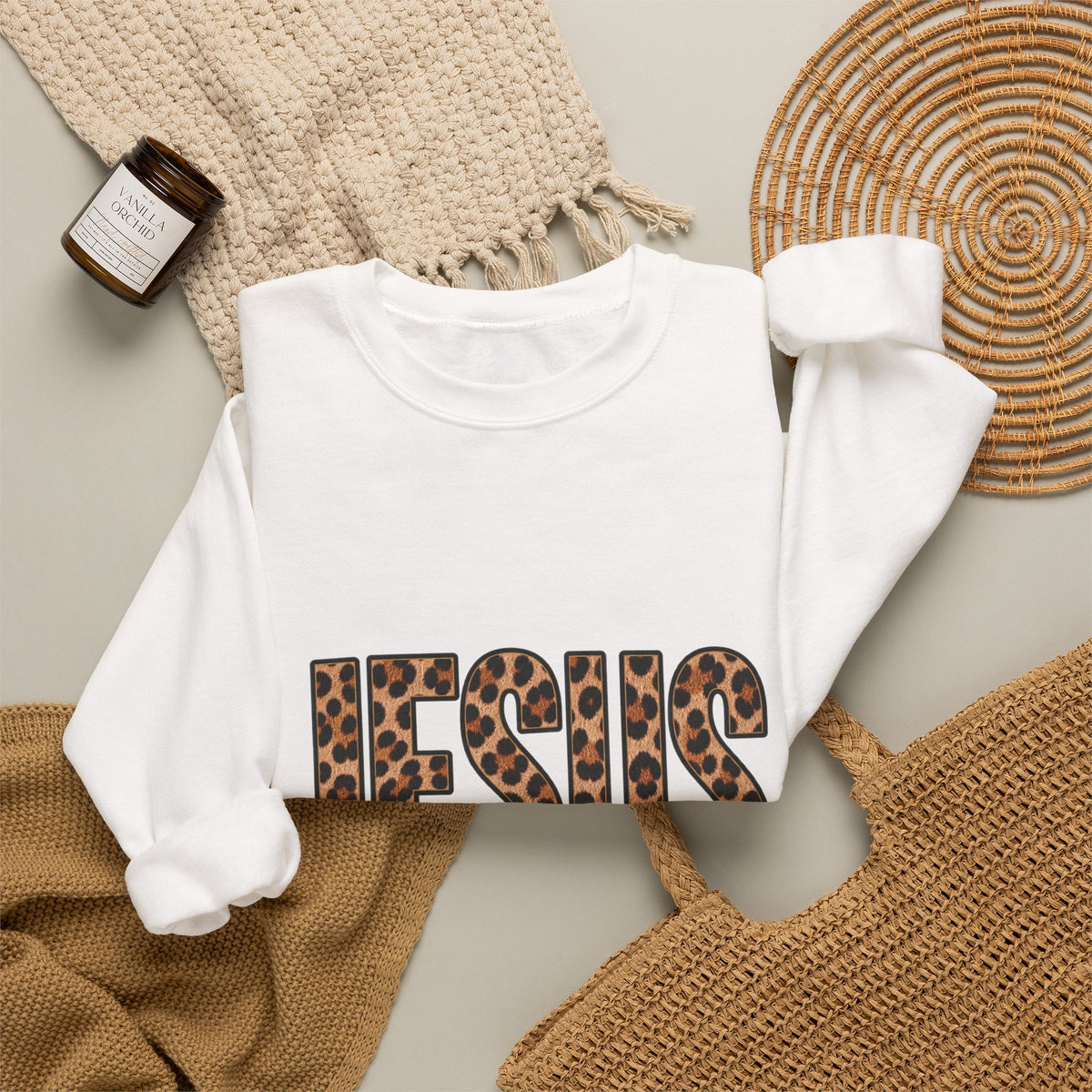 Jesus Leopard Print Crewneck Sweatshirt – "Name Above All Names" Christian Pullover