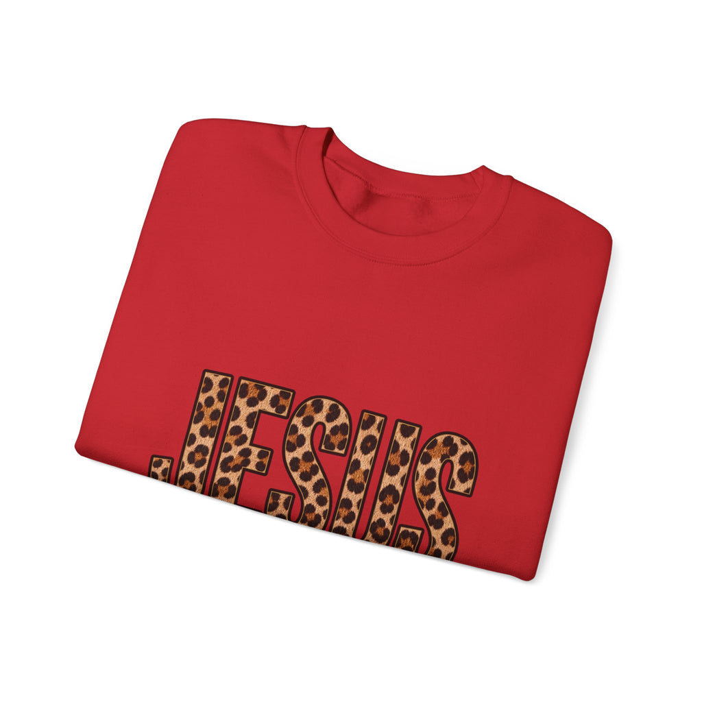 Jesus Leopard Print Crewneck Sweatshirt – "Name Above All Names" Christian Pullover