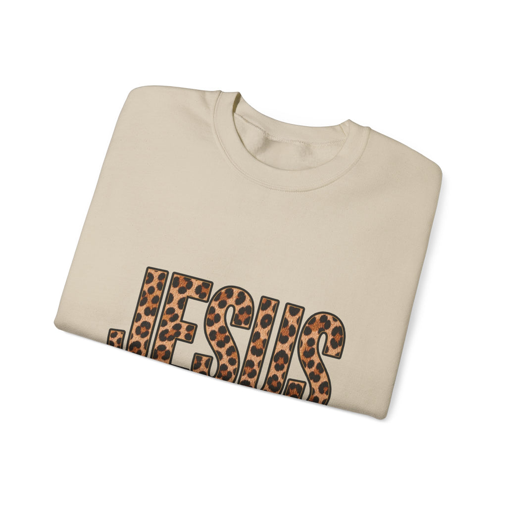 Jesus Leopard Print Crewneck Sweatshirt – "Name Above All Names" Christian Pullover